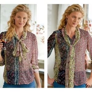 Soft Surroundings Womens Pussybow Top Size L Langdon Paisley Patchwork Office